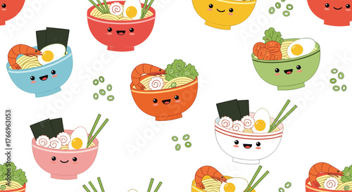 Cute ramen bowls pattern on white background, food design concept for textiles, prints, and backgrounds.