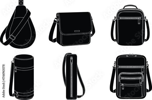 Bag silhouettes, sling, messenger, crossbody, utility pouch, cylindrical gear, zipper pocket, flap cover, black icons, fashion accessory layout