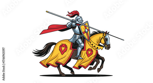 A knight in shining armor rides a horse with a lance and shield ready for battle.