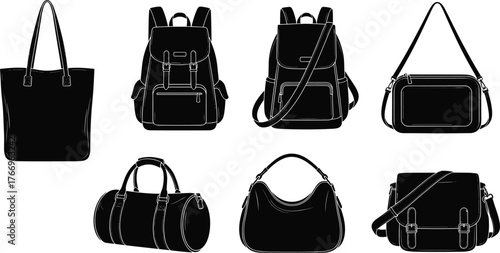 Bag silhouettes, tote, backpack, messenger, crossbody, duffel, hobo, flap closure, buckle detail, black icons, fashion accessory layout