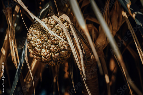 A false pineapple on a palm tree. A beautiful but inedible fruit. Tropical nature.