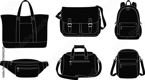 Bag silhouettes, tote, messenger, backpack, waist pack, duffel, crossbody, flap closure, buckle detail, black icons, travel gear layout