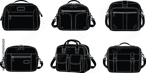 Shoulder bag silhouettes, messenger, satchel, zipper pocket, flap cover, patch detail, black icons, fashion accessory layout, gear design