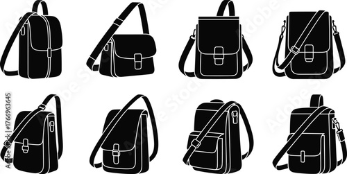 Shoulder bag silhouettes, messenger, satchel, flap cover, buckle detail, zipper pocket, black icons, fashion accessory layout, strap design