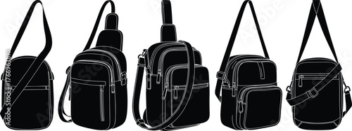 Sling bag silhouettes, compact crossbody, buckle flap, zipper pocket, adjustable strap, black icons, fashion accessory layout, gear design