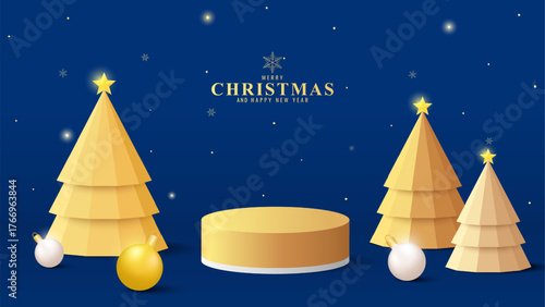 3D Golden podium with minimal christmas trees, golden ornaments and festive lights on blue background. Perfect for holiday product display or advertising background
