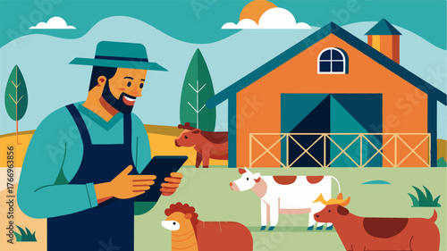 A farmer checks their smartphone to view data and analytics from AIpowered sensors p throughout their livestock barn monitoring the health and behavior of their animals.. Vector illustration
