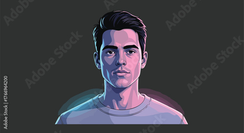 A young man's neon light portrait with a subtle smile, set against a dark background with a moody atmosphere and cinematic lighting.