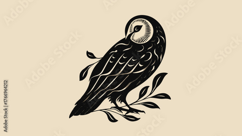 Elegant black and white stylized owl illustration perched on a leafy branch. Detailed vintage artwork with an artistic, engraved aesthetic.
