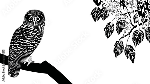 Graphic illustration of a serene owl perched on a tree branch, black and white nature art, detailed wildlife drawing.