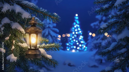 winter night scene, glowing lantern, snow-covered pine branches, icy blue bokeh lights, magical christmas mood
