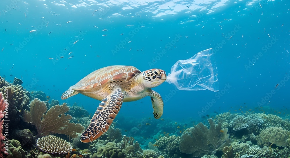 Fototapeta premium Sea Turtle Using Plastic Bag As Breathing Tool in Underwater Coral Reef Scene