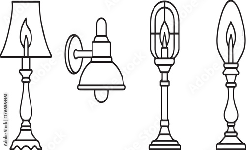 Collection of vintage lamp isolated on white background set of lighting fixtures with classic design for interior decoration and illumination
