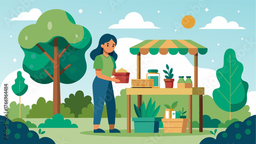 An environmental activist sets up a popup booth within the garden selling handmade crafts and spreading awareness about the importance of preserving nature.. Vector illustration