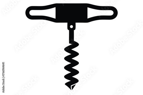 Black manual winged corkscrew exhibits twisted metal shaft on a white background