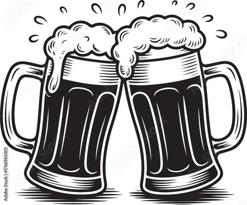 Cheers with Beer Mugs Black and White Illustration Toast Celebration of Friendship and Good Times Together Vector Graphic Design