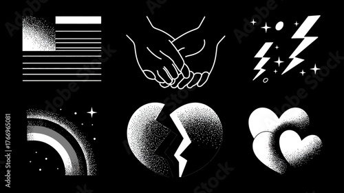 Minimalist black and white textured vector icons set featuring symbols of love, heartbreak, connection, energy, hope, and abstract flag.