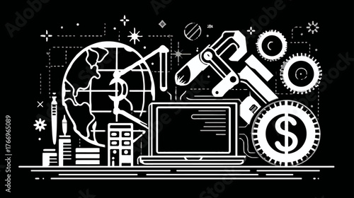 Modern global business and industrial technology concept. Digital finance, engineering, and automation line art illustration.
