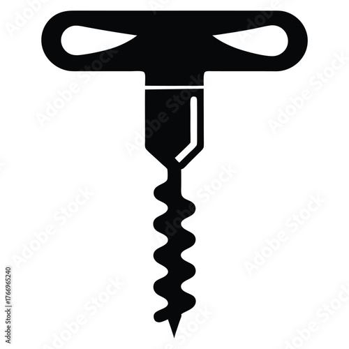 Simple black corkscrew with handle and spiral form stands against a white background
