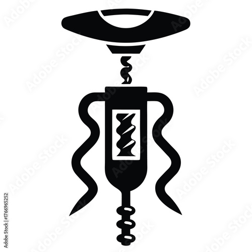 Black winged corkscrew opener with spiral worm and handle is depicted in monochrome