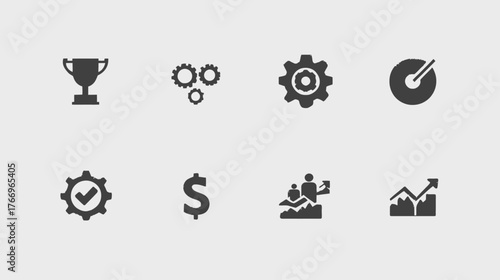 Business and success vector icon set featuring trophy, gears, dollar sign, growth charts, performance dial, and process symbols for strategy, finance, and achievement.