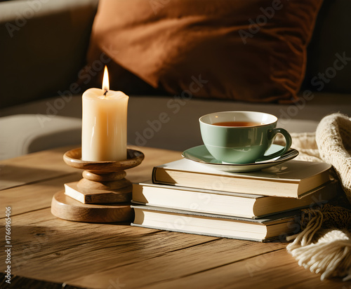 Cozy hygge still life with books, candle and cup of tea on wooden table