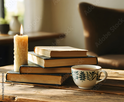 Cozy hygge still life with books, candle and cup of tea on wooden table