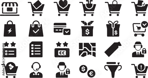 Collection of Black and White Shopping and ECommerce Icons for Modern Online Business Branding