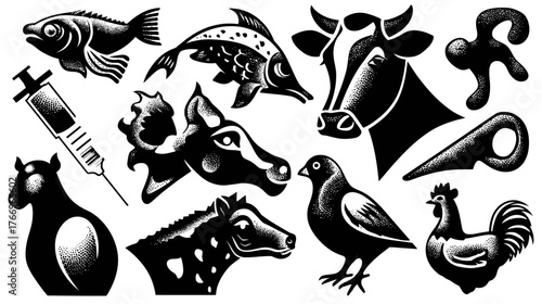Vector illustration set of domestic and wild animals with medical syringe and tools in a bold black and white woodcut style.