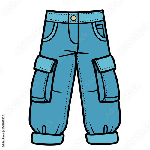 Blue jeans cargo pants with pockets and rolled legs for boy on a white background