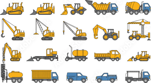 Collection of Construction and Industrial Vehicles and Machinery Line Art Style Vector Illustration Full Set on White Background