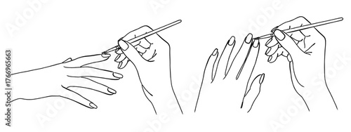 ネイルブラシで爪にマニキュアを塗る手の線画イラストセット,ネイルアート,美容,セルフケア,ベクター