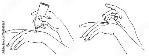 ハンドクリームを手に塗ってケアする手の線画イラストセット,美容,保湿,セルフケア,スキンケア,ベクター