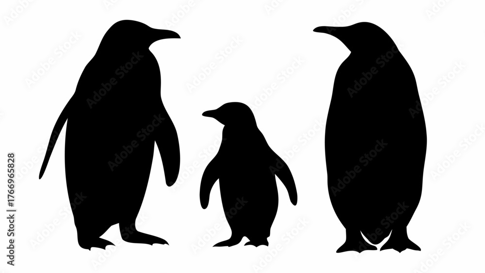 Naklejka premium Silhouette illustration of three penguins standing together in a group on a white background art image