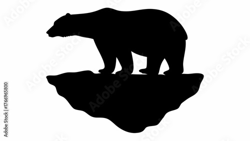 Silhouette of a polar bear standing on a melting iceberg against a stark white background arctic animal