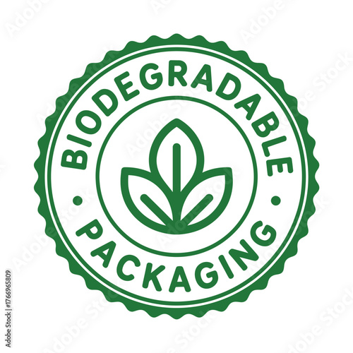 Green biodegradable packaging seal with leaf icon