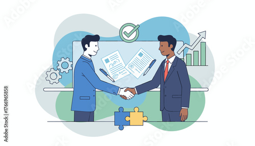 Businessmen shaking hands to seal a partnership deal, symbolizing agreement and collaboration, with documents, pens, gears, a checkmark, and a growth chart in the background, representing successful