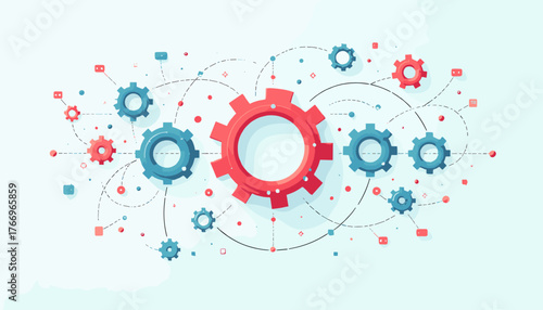 Abstract concept of business process management and workflow automation, visualized with interconnected gears, nodes, and lines on a clean, light blue background, representing efficiency and system