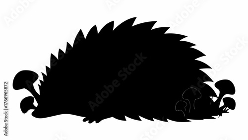 Silhouette of a hedgehog surrounded by mushrooms in a black and white simple graphic design style image