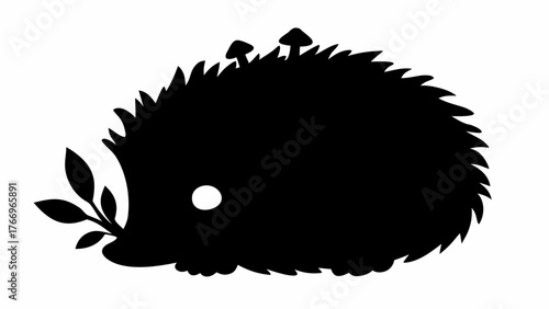 Silhouette of a hedgehog with leaves in its mouth and mushrooms on its back against a white background