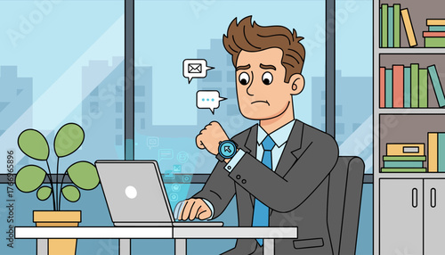 Worried businessman in a suit checking his smartwatch for notifications while working on a laptop in a modern office with a bookshelf and a plant, reflecting a sense of urgency and being overwhelmed
