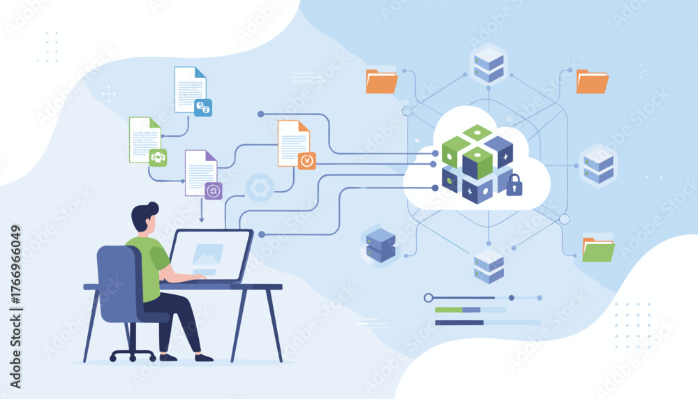 Fototapeta premium Modern digital document management system concept with a person working on a laptop connected to cloud storage and data flow, illustrating technology and business processes with organized files and