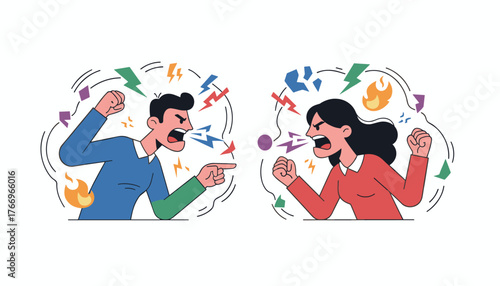 Vivid illustration of a couple in a heated argument, with angry expressions, clenched fists, and symbols of conflict like lightning bolts, broken shards, and flames, representing intense emotional