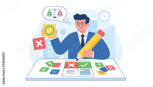 Man in suit with glasses holding a large pencil and a checkmark card, contemplating a decision between positive and negative options, symbolizing choice, strategy, and business planning with a