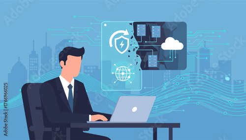 Disaster Recovery Concept: IT System Protection and Data Security in a Modern Business Environment, Featuring Cloud Computing, Server Infrastructure, and Network Connectivity with a Professional