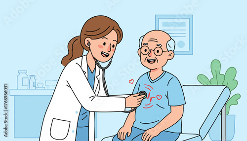 Friendly female doctor in white coat examines elderly male patient's heart with stethoscope in a clinic, showing care and professionalism, with medical equipment and plants in the background