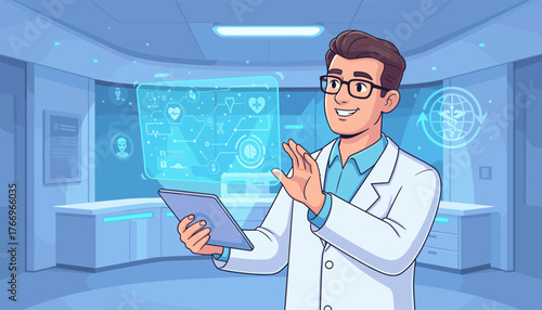 A smiling male doctor in a white lab coat interacts with a futuristic holographic medical interface displaying vital signs, DNA helix, and brain scans, while holding a tablet in a modern laboratory