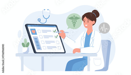 A friendly female doctor in a white coat is sitting at a desk and filling out a medical survey on a tablet, with a stethoscope and medical symbols like caduceus and heartbeat visible, representing