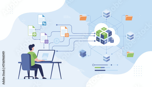 Modern digital document management system concept with a person working on a laptop connected to cloud storage and data flow, illustrating technology and business processes with organized files and