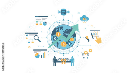 Global business network concept with upward trending arrow symbolizing economic growth, digital transformation, financial markets, and e-commerce, illustrated with interconnected nodes, currency